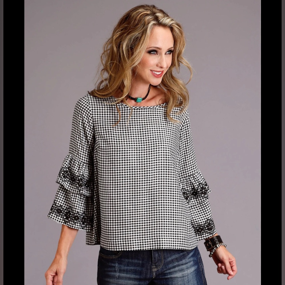 Stetson Gingham Flowy Sleeve Blouse